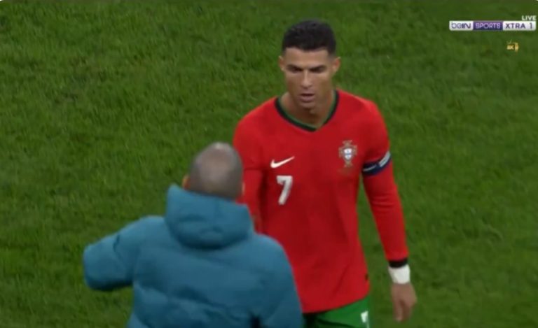 A shot of Ronaldo with the referee as he left the field after Portugal’s loss to Slovenia in an angry and shocking scene captured by cameras