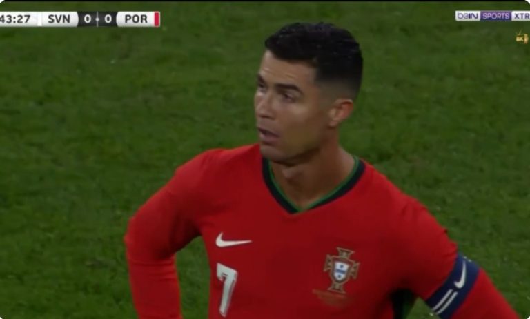 A wonderful shot between Ronaldo and the Slovenian fan in the Slovenia-Portugal match, the reaction of the fans and the match commentator