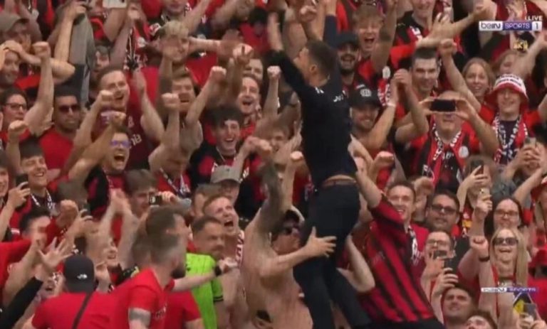 Great shot of Xabi Alonso with Bayer Leverkusen fans after winning the Golden League