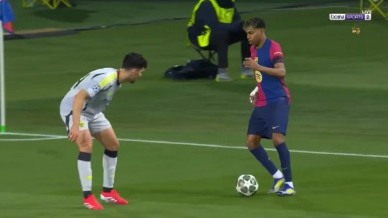Lamin Yamal, in the style of the legend Messi with Barcelona in the Champions League, scores a world-class goal that you can only see in science fiction movies