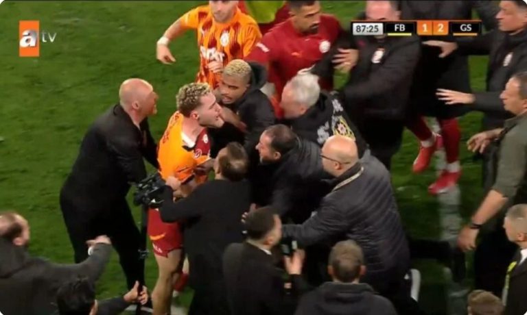 Fenerbahçe and Galatasaray players clash in the Turkish Cup semifinal.