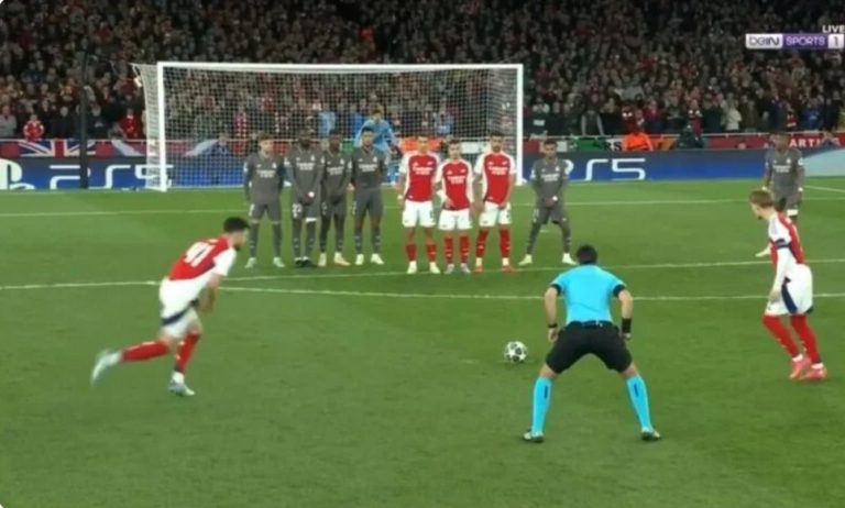 Watch the second incredible free kick scored by Declan Rice, the Arsenal player, against Real Madrid in today’s Champions League match