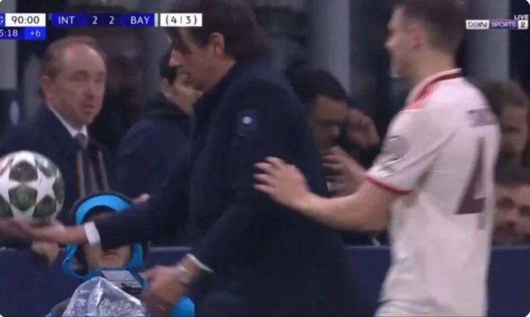 Watch: Inter’s coach causes a ball boy to fall to the ground after a bizarre incident involving Bayern Munich’s defender.