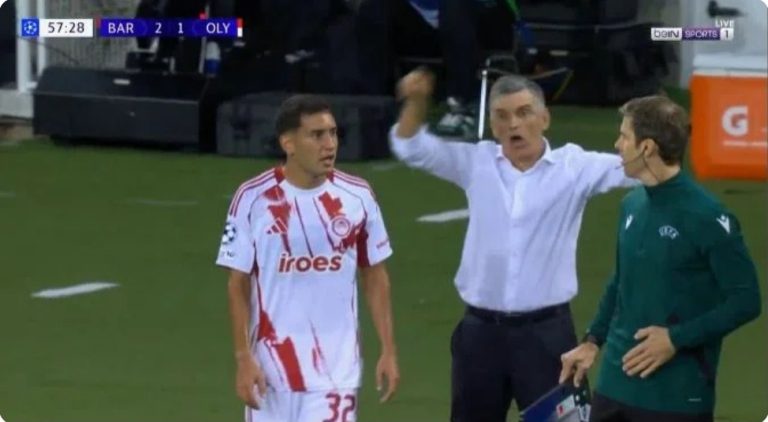 Watch the strange and bizarre moment of Olympiacos player’s red card against Barcelona in the UEFA Champions League.