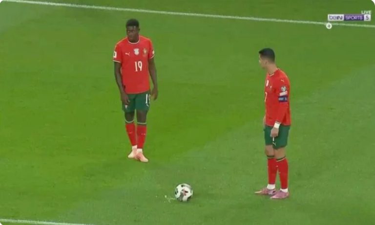 Watch the strangest free-kick execution in the history of World Cup qualifiers, performed by Cristiano Ronaldo and Nuno Mendes in the Portugal vs. Hungary match.”