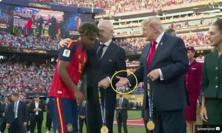 The moment that racked up millions of views because of what Lamine Yamal did with President Donald Trump while receiving his gold medal during Spain’s FIFA World Cup trophy presentation ceremony.